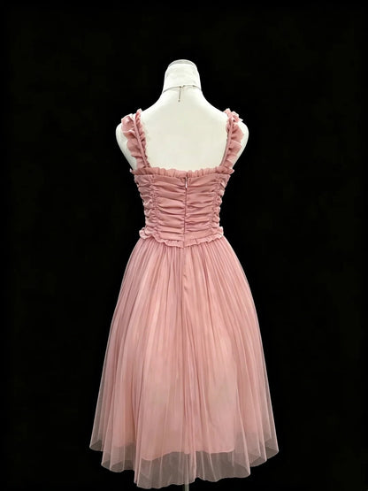 Ruffled Straps Pink Homecoming Dress Tulle Short Dress  P2403
