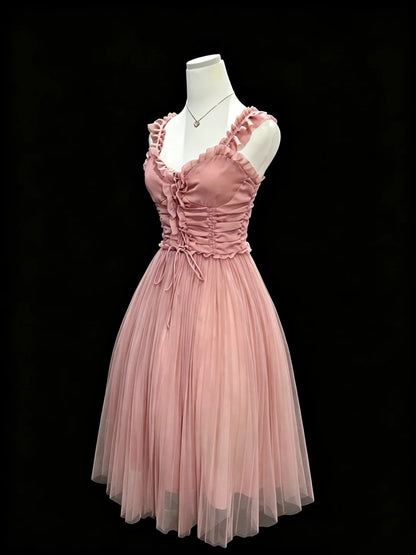 Ruffled Straps Pink Homecoming Dress Tulle Short Dress  P2403