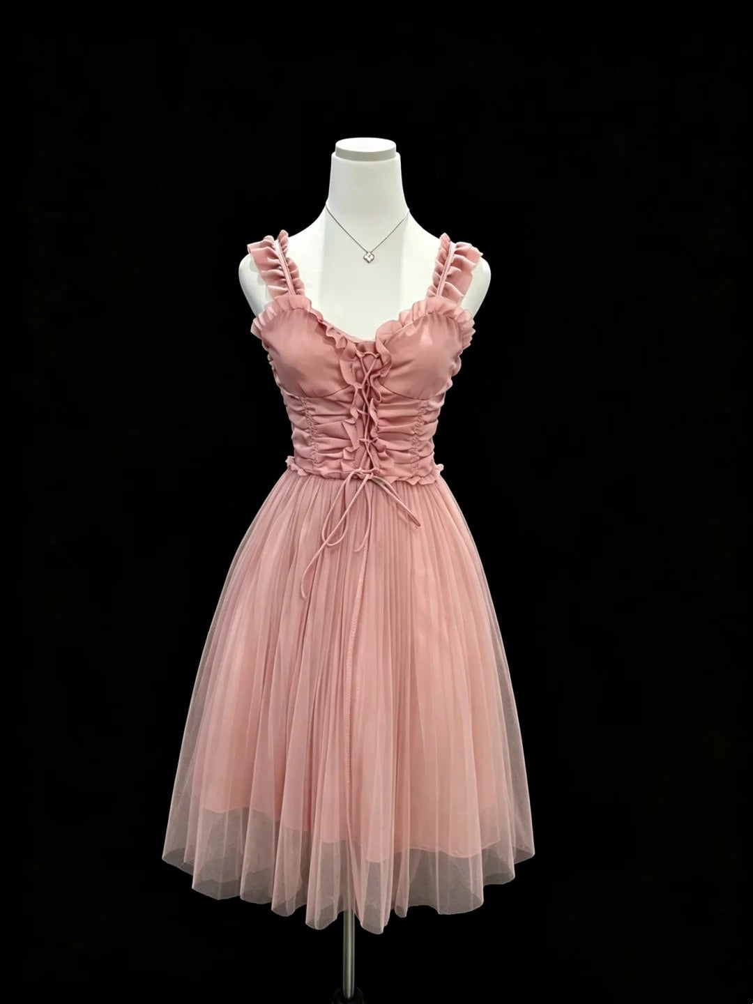 Ruffled Straps Pink Homecoming Dress Tulle Short Dress  P2403