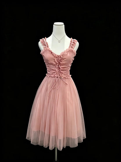 Ruffled Straps Pink Homecoming Dress Tulle Short Dress  P2403