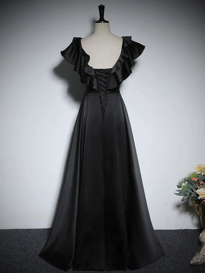 Ruffled V Neck Black Satin A Line Evening Dress  P2703