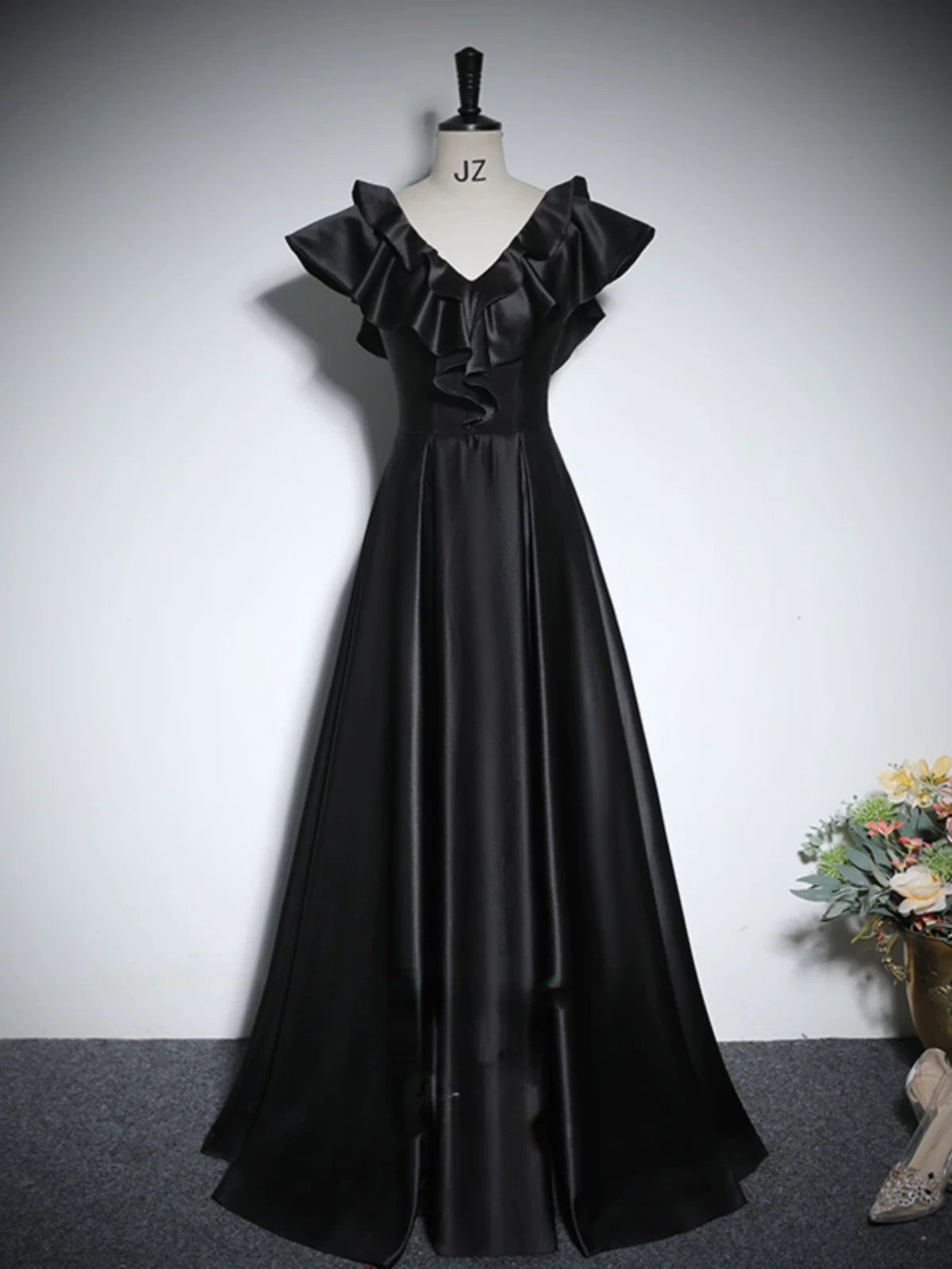 Ruffled V Neck Black Satin A Line Evening Dress  P2703