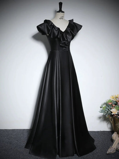 Ruffled V Neck Black Satin A Line Evening Dress  P2703
