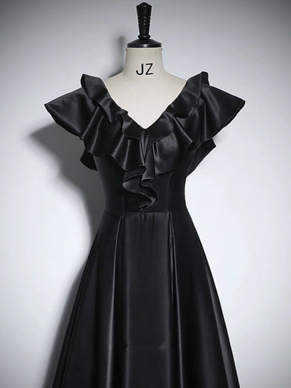 Ruffled V Neck Black Satin A Line Evening Dress  P2703