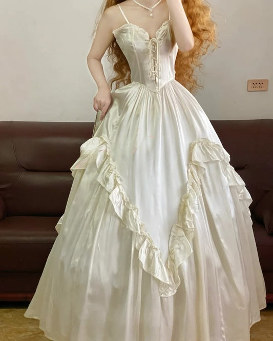 Ruffled V Neck Satin Retro Birthday Gown Wedding Dress  P2600