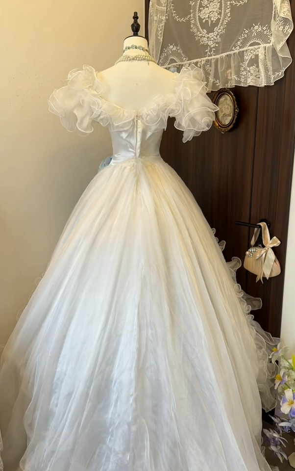 Ruffled White A Line Wedding Dress Retro Princess Birthday Gown  P2652