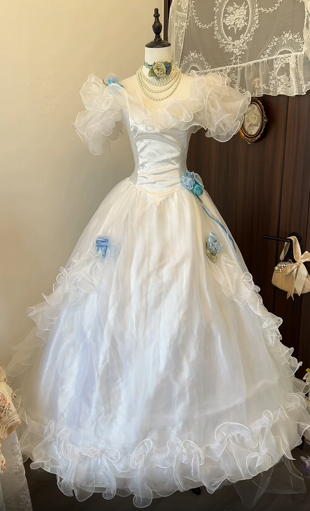 Ruffled White A Line Wedding Dress Retro Princess Birthday Gown  P2652