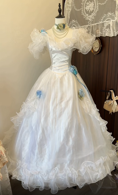 Ruffled White A Line Wedding Dress Retro Princess Birthday Gown  P2652
