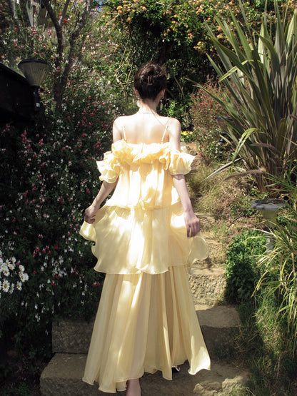 Ruffled Yellow Wedding Guest Dress Chiffon Formal Dress  P1275