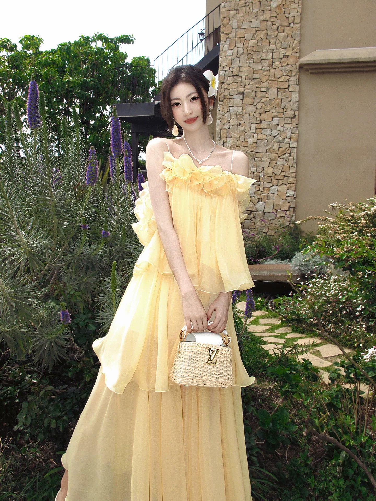 Ruffled Yellow Wedding Guest Dress Chiffon Formal Dress  P1275
