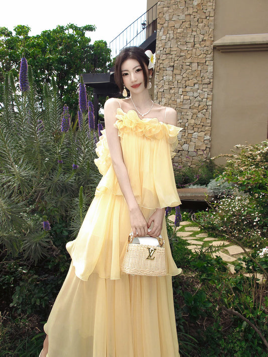 Ruffled Yellow Wedding Guest Dress Chiffon Formal Dress  P1275