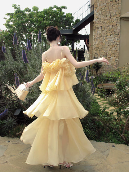 Ruffled Yellow Wedding Guest Dress Chiffon Formal Dress  P1275