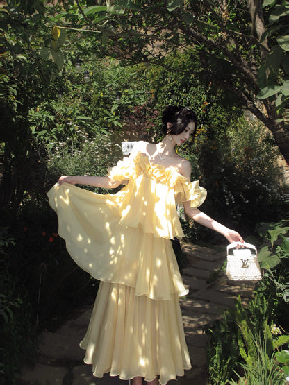 Ruffled Yellow Wedding Guest Dress Chiffon Formal Dress  P1275