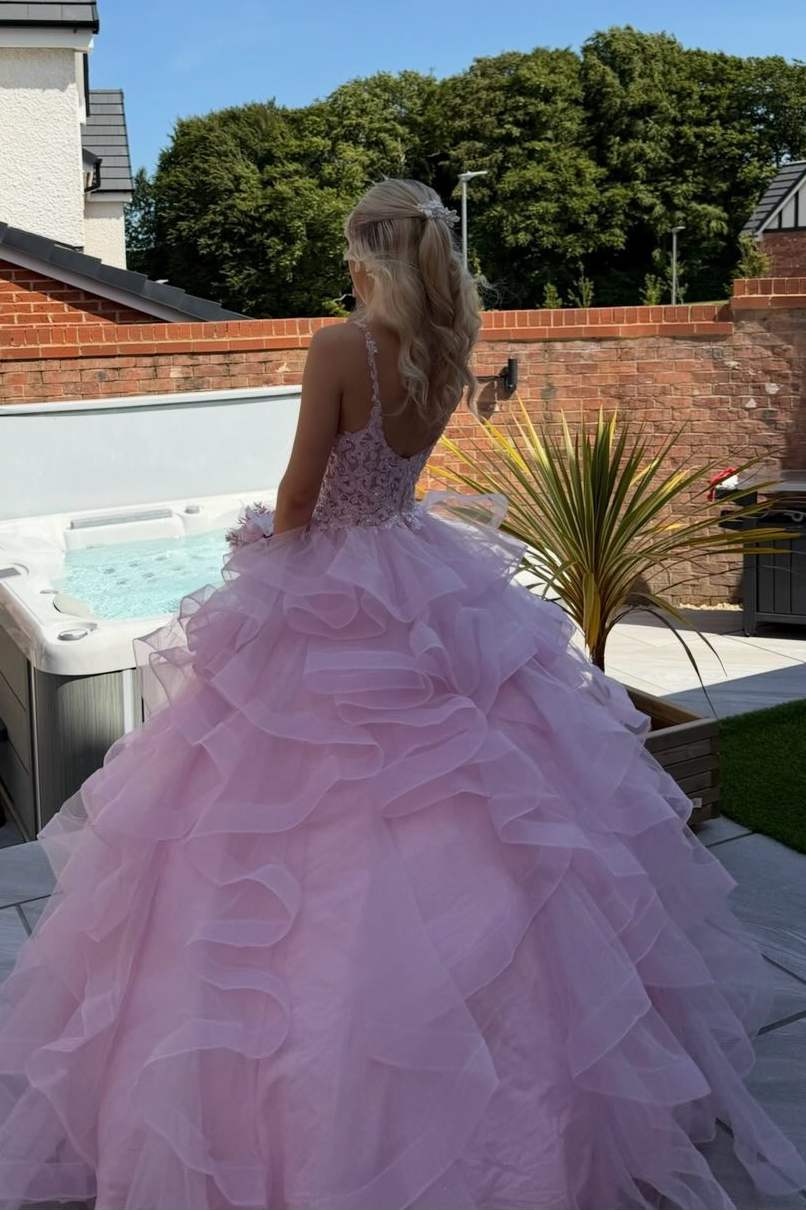 Ruffles Tulle Pink Long Prom Dress Ball Gown Birthday Dress  P2436