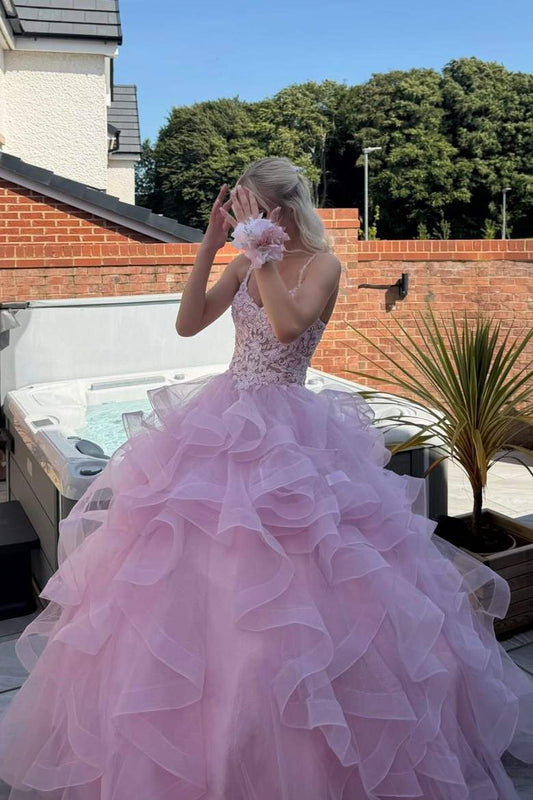 Ruffles Tulle Pink Long Prom Dress Ball Gown Birthday Dress  P2436