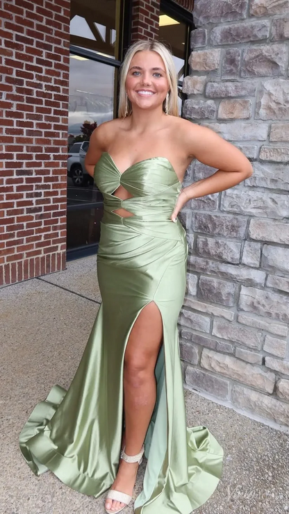 Sage Green Satin Mermaid Prom Dress With Slit Sweetheart Evening Dress  P817