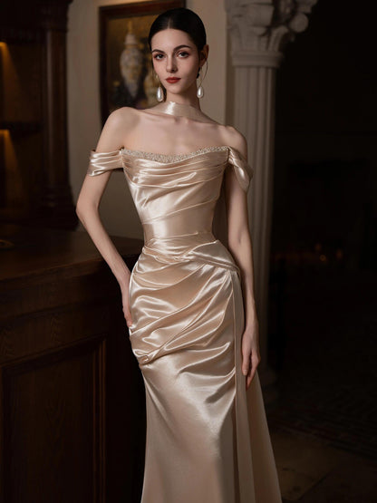 Satin Off The Shoulder Champagne Mermaid Prom Dress   P796