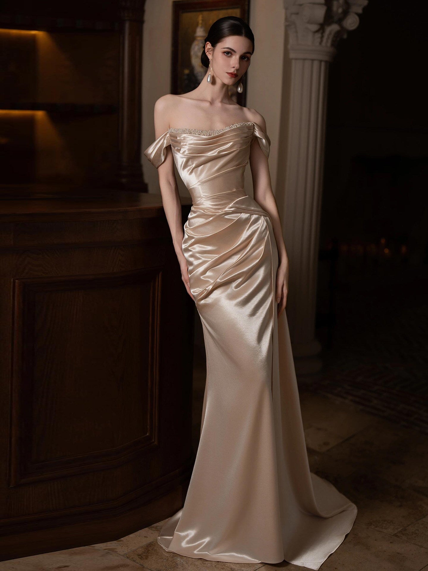 Satin Off The Shoulder Champagne Mermaid Prom Dress   P796