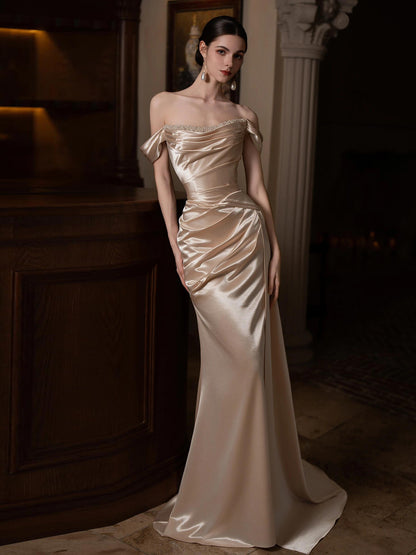 Satin Off The Shoulder Champagne Mermaid Prom Dress   P796