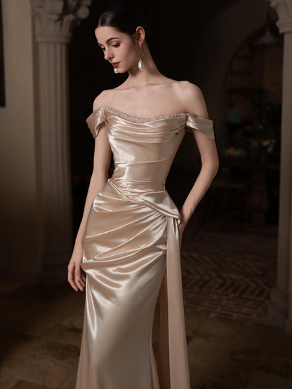 Satin Off The Shoulder Champagne Mermaid Prom Dress   P796