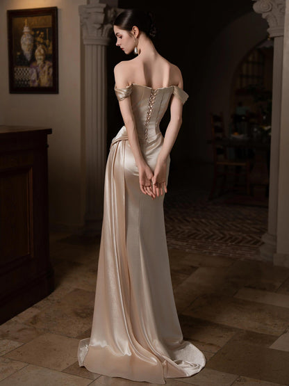 Satin Off The Shoulder Champagne Mermaid Prom Dress   P796