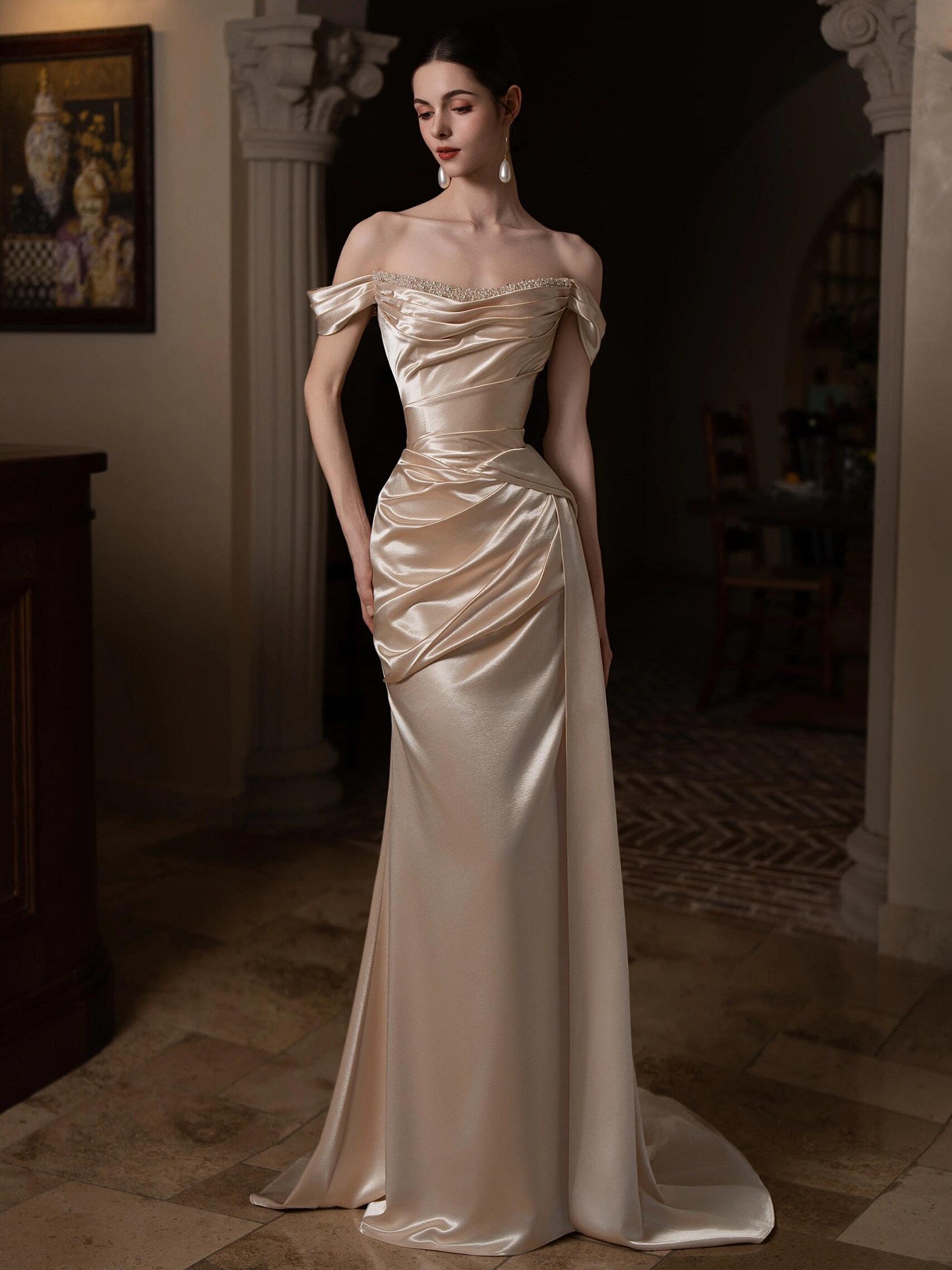 Satin Off The Shoulder Champagne Mermaid Prom Dress   P796