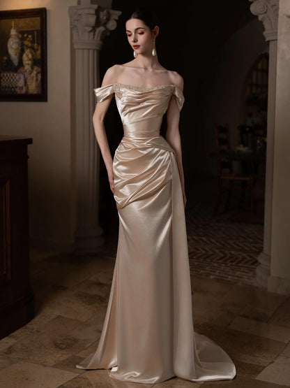 Satin Off The Shoulder Champagne Mermaid Prom Dress   P796