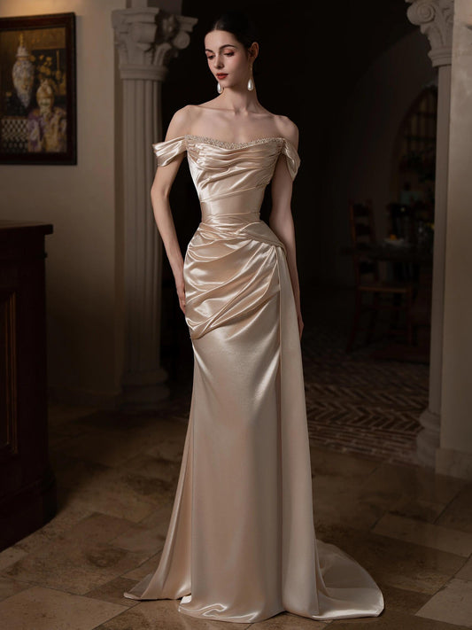 Satin Off The Shoulder Champagne Mermaid Prom Dress   P796