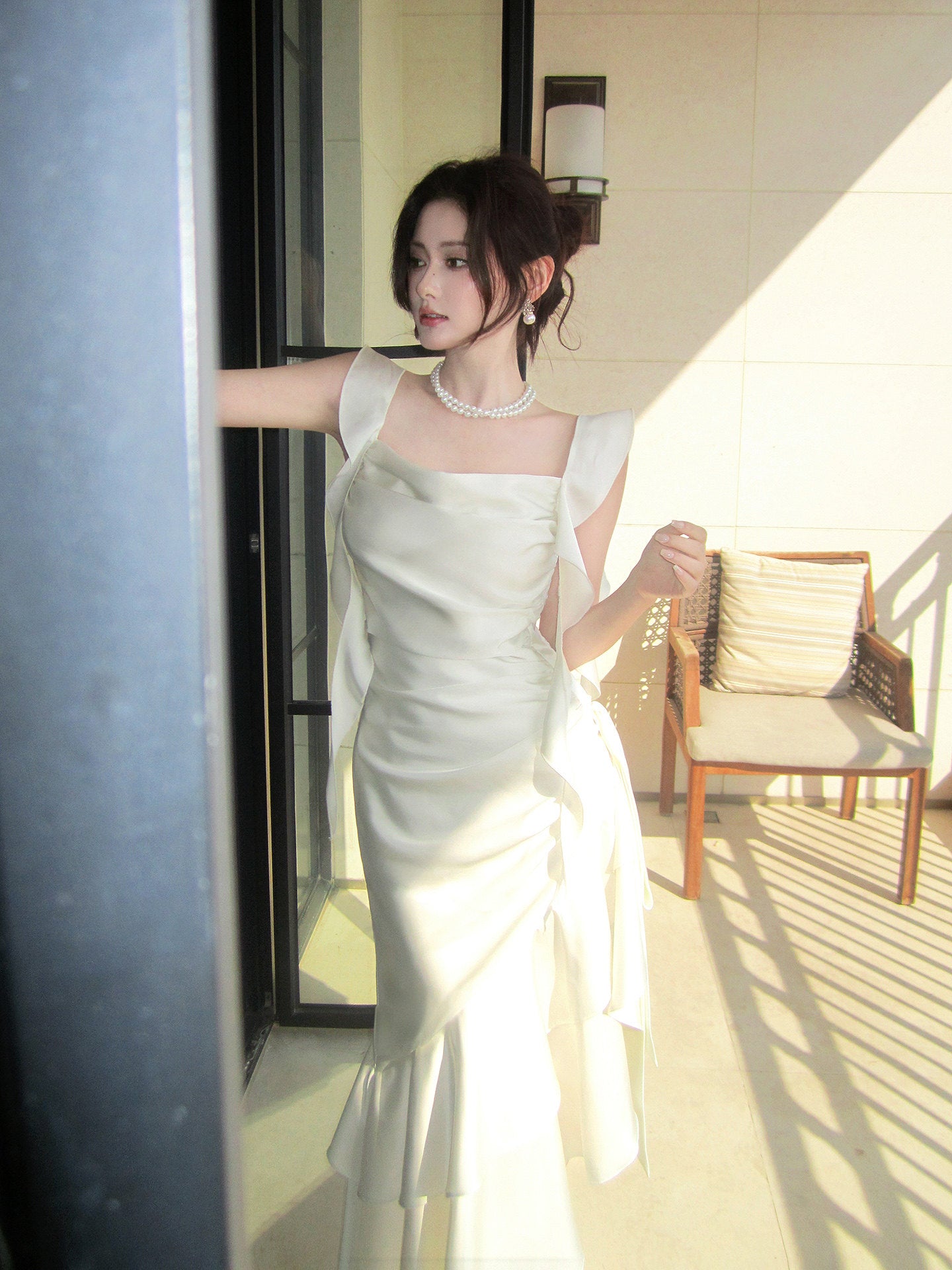 Satin Ruffled   Prom Dress Mermaid Satin Party Dress  P680