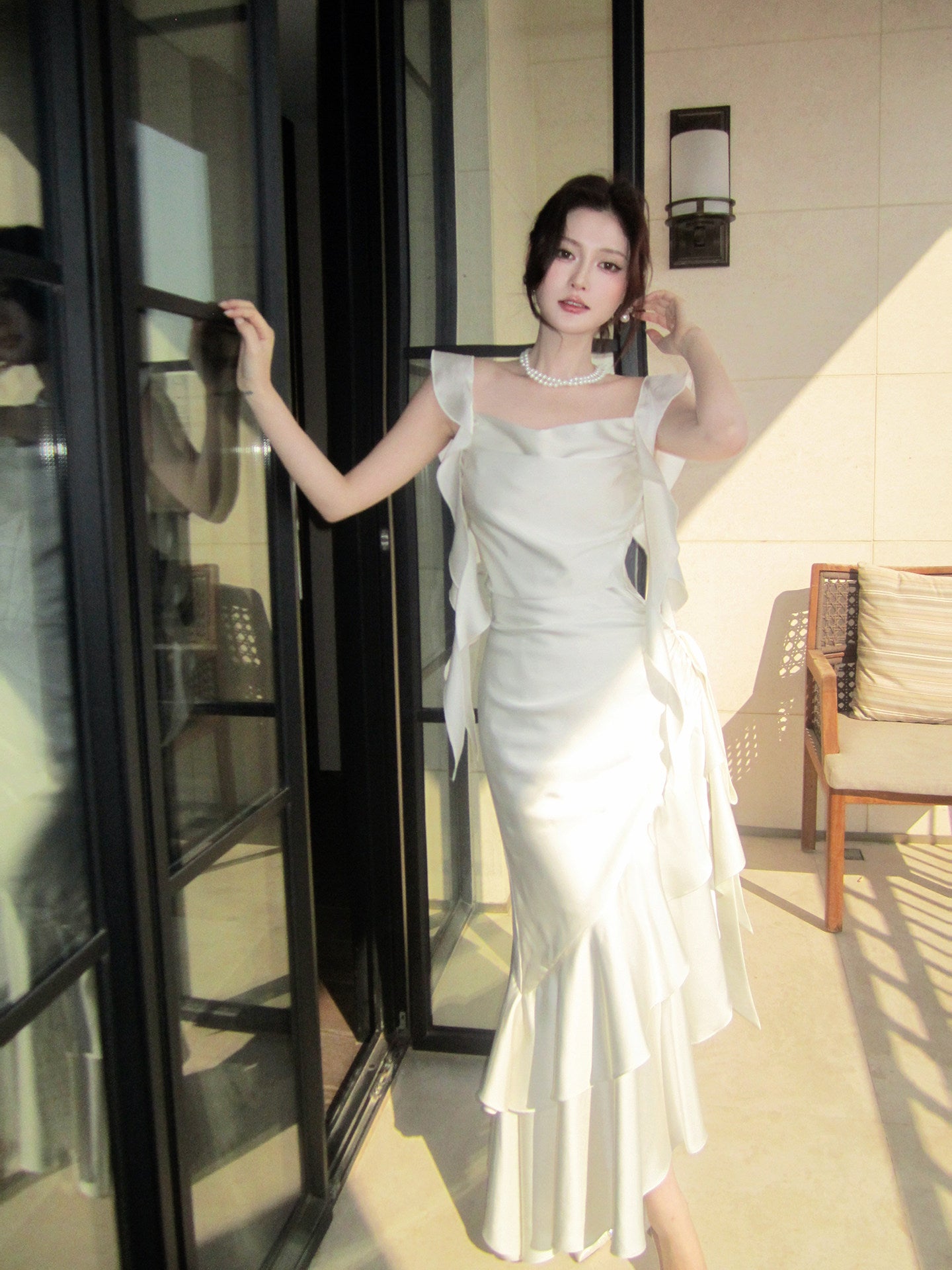 Satin Ruffled   Prom Dress Mermaid Satin Party Dress  P680