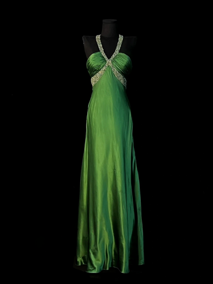 Sequin Halter A Line Green Satin Prom Dress Formal Evening Dress  P1198