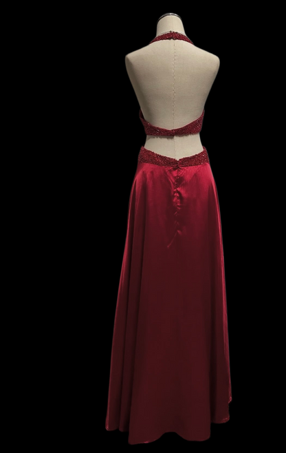 Sequined Halter V Neck Red Satin Prom Dress Open Back Evening Dress  P1053
