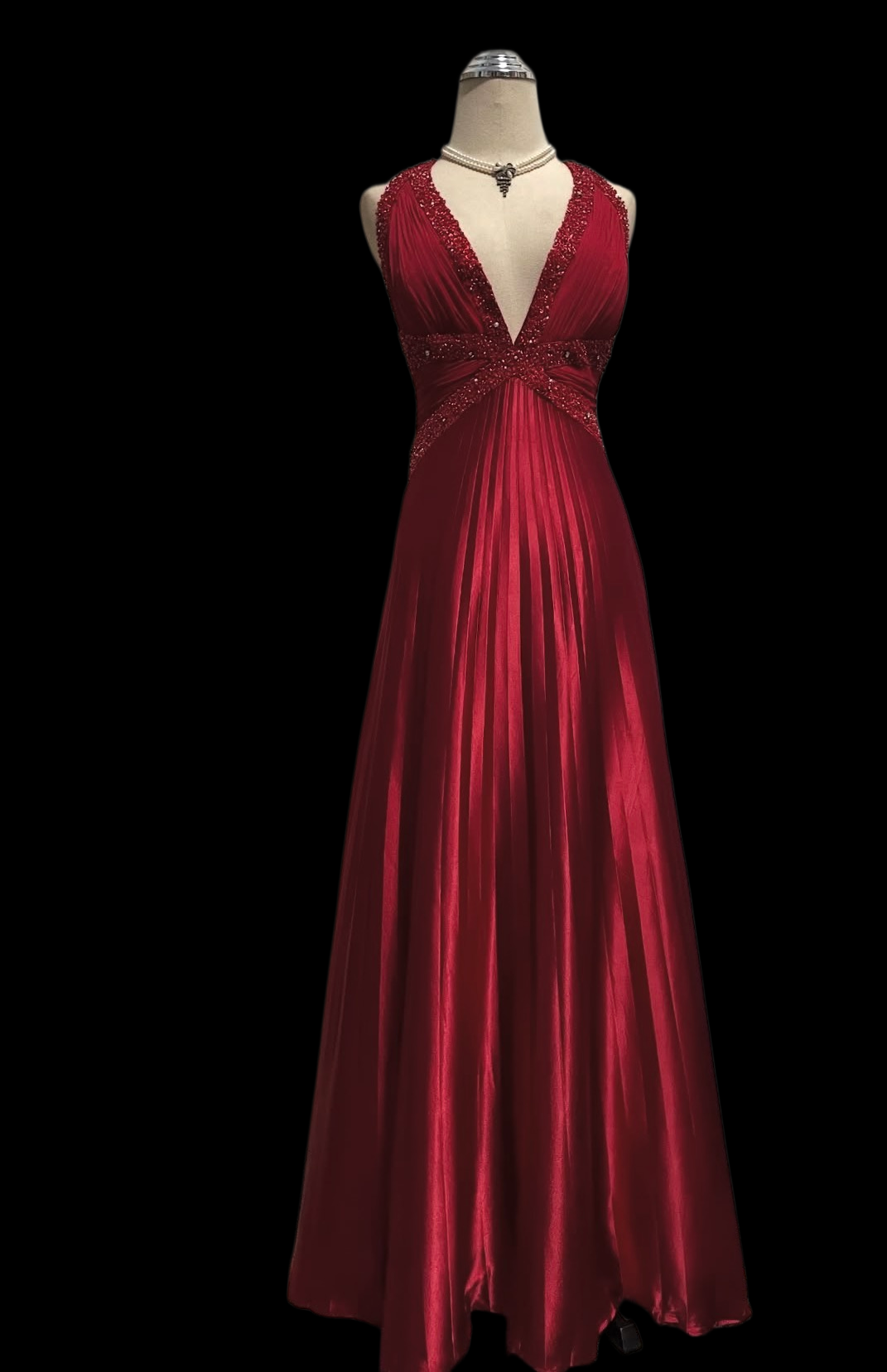 Sequined Halter V Neck Red Satin Prom Dress Open Back Evening Dress  P1053