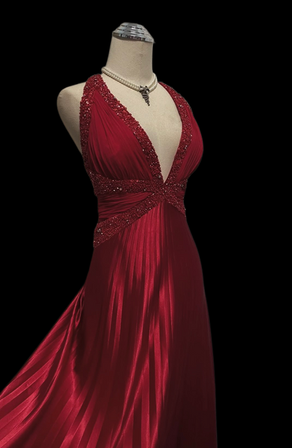 Sequined Halter V Neck Red Satin Prom Dress Open Back Evening Dress  P1053