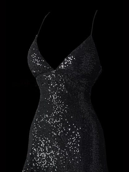 Sexy Black Sequin A Line Prom Dress Tie Up Back Formal Dress  P692