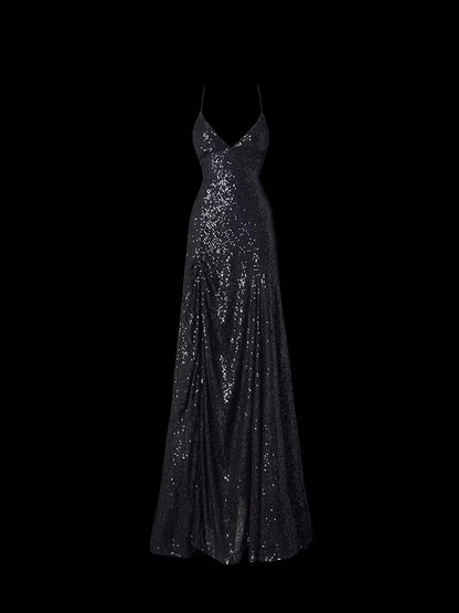 Sexy Black Sequin A Line Prom Dress Tie Up Back Formal Dress  P692