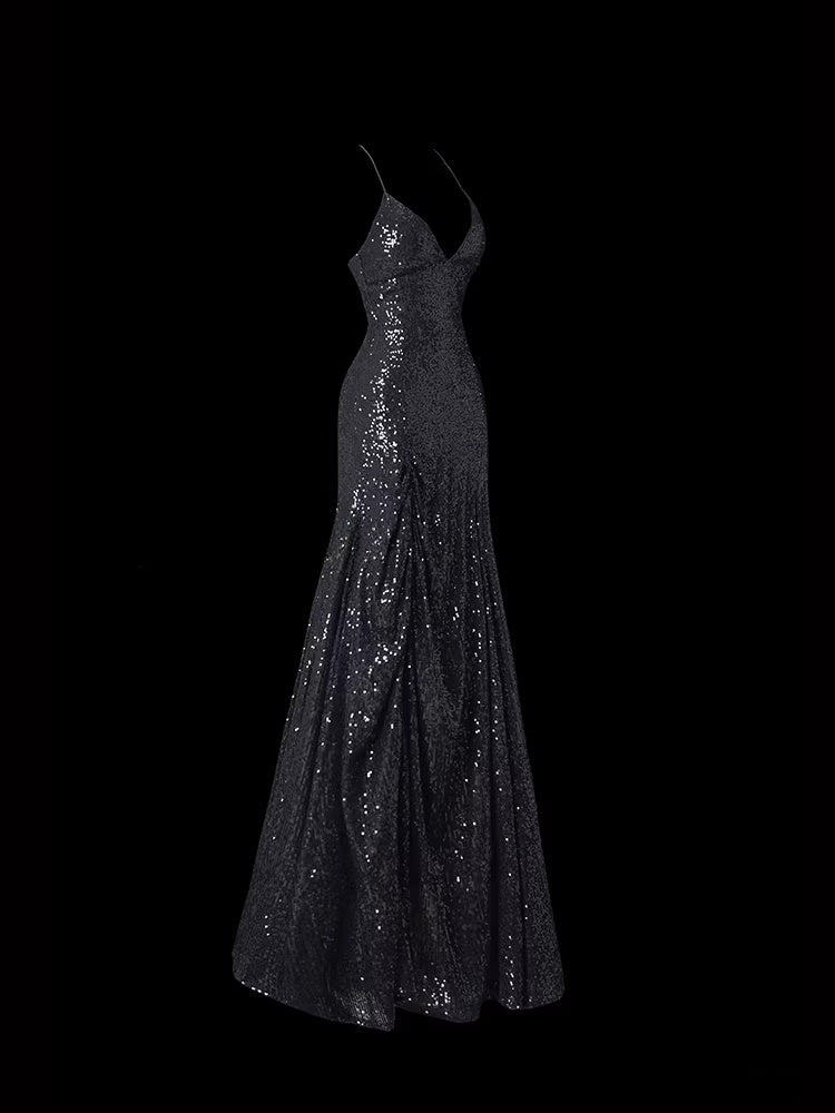 Sexy Black Sequin A Line Prom Dress Tie Up Back Formal Dress  P692