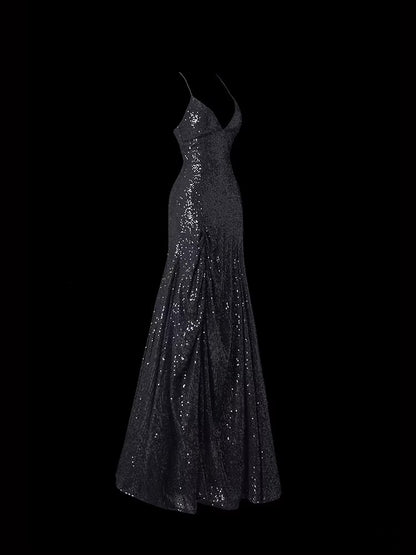 Sexy Black Sequin A Line Prom Dress Tie Up Back Formal Dress  P692