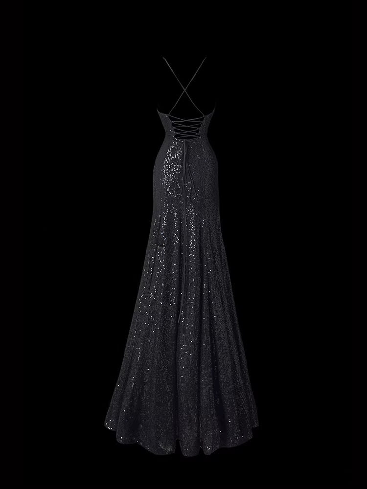 Sexy Black Sequin A Line Prom Dress Tie Up Back Formal Dress  P692
