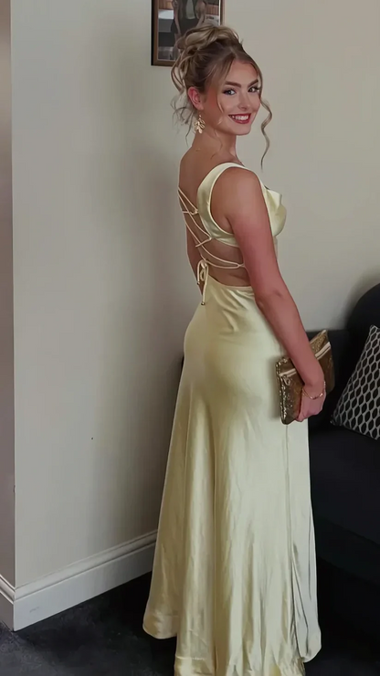 Sheath Square Neck Yellow Long Prom Dress Backless Party Dress P816