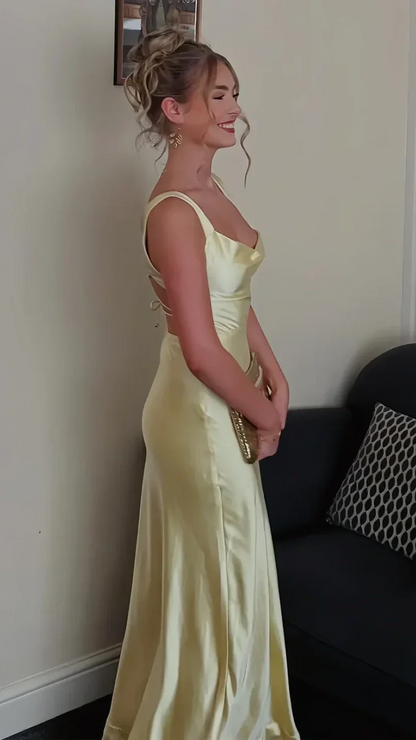 Sheath Square Neck Yellow Long Prom Dress Backless Party Dress P816