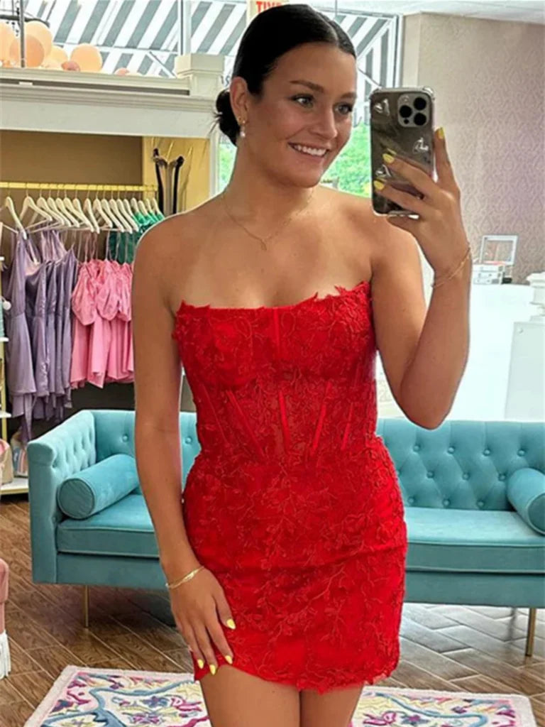 Short Lace Sheath Homecoming Dresses Appliqued Cocktail Dress  P2312