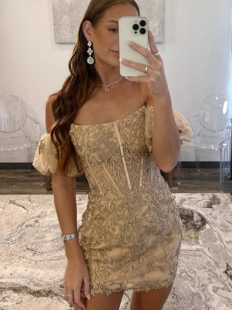 Short Lace Sheath Homecoming Dresses Appliqued Cocktail Dress  P2312