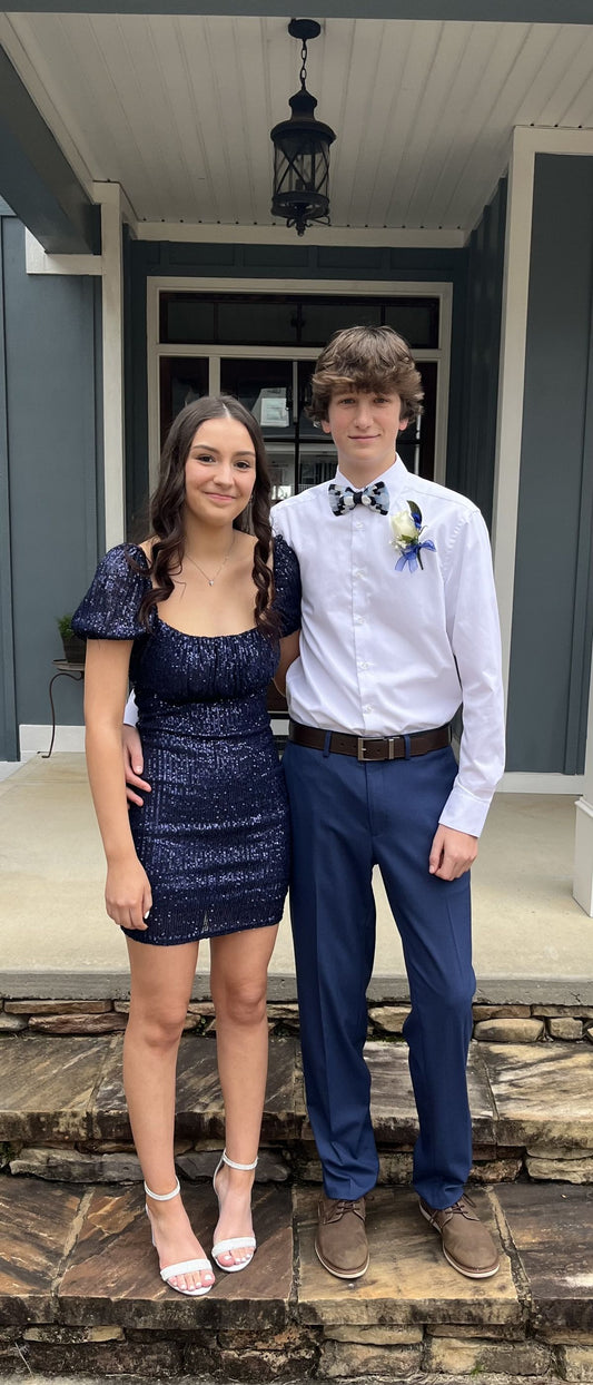 Short Sleeves Navy Blue Sequin Homecoming Dress  P1458