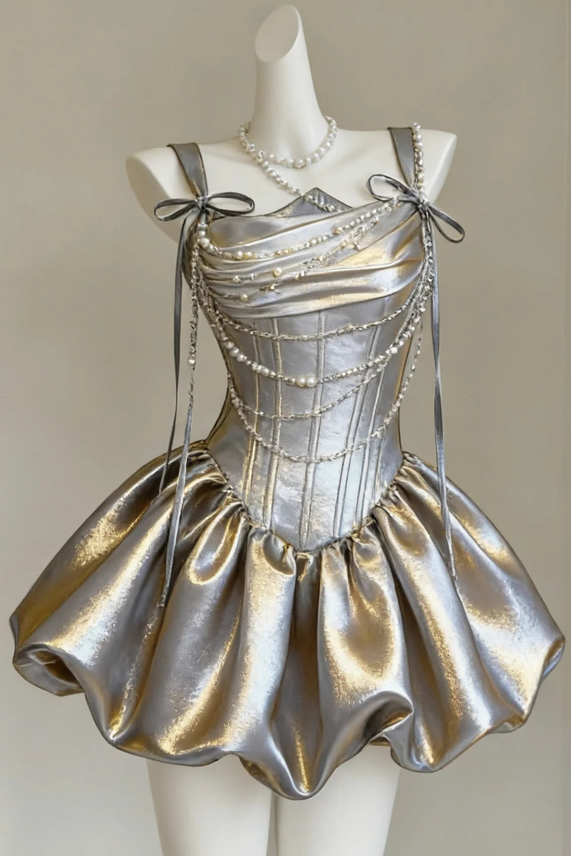 Silver Gold Straps A-Line Pearl Sleeveless Short Birthday Dress  P2376