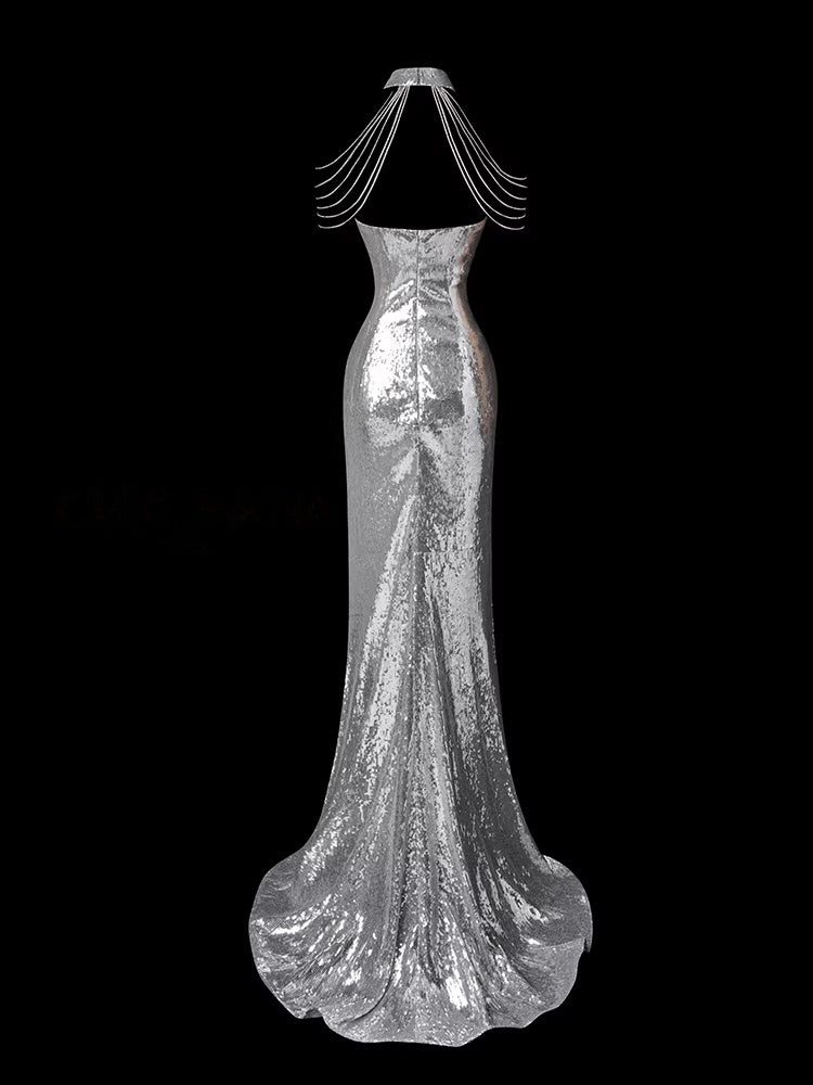 Silver Mermaid Sequin Prom Dress Formal Evening Dress  P696