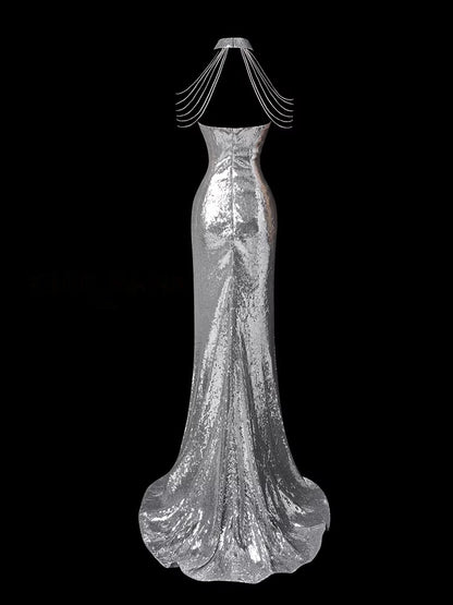 Silver Mermaid Sequin Prom Dress Formal Evening Dress  P696