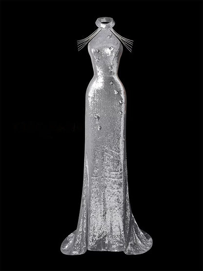 Silver Mermaid Sequin Prom Dress Formal Evening Dress  P696