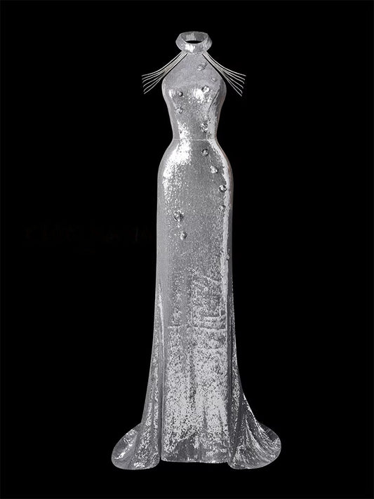 Silver Mermaid Sequin Prom Dress Formal Evening Dress  P696