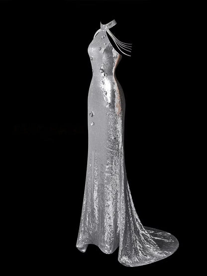 Silver Mermaid Sequin Prom Dress Formal Evening Dress  P696